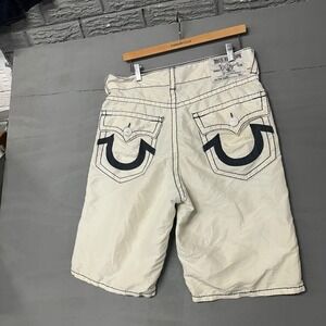 True Religion Surf Board Shorts Mens 33 Off White Black Big T Stitching Y2K